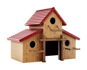 Three bird houses assembled together forming one big birdhouse on transparent background. 3D illustration