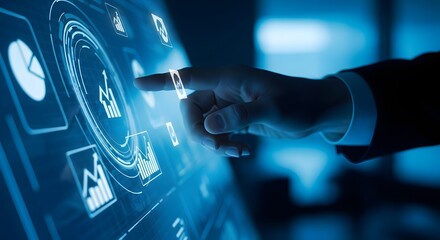 Professional manager interacting with a futuristic digital interface, analyzing business intelligence data on a virtual dashboard