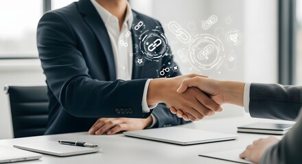Businessman and businesswoman shaking hands to seal a deal, with a digital blockchain overlay representing a secure smart contract agreement