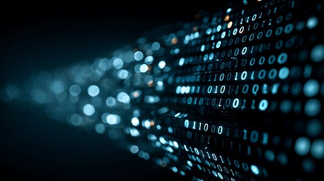 Dynamic visualization of digital data streams and binary code flowing through a high-tech network, representing information transfer and cybersecurity concepts in an abstract futuristic setting