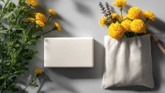 Blank bar of soap, yellow flowers, and linen pouch on a gray background