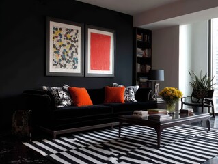 Black living room with bold orange accents and a striped rug.