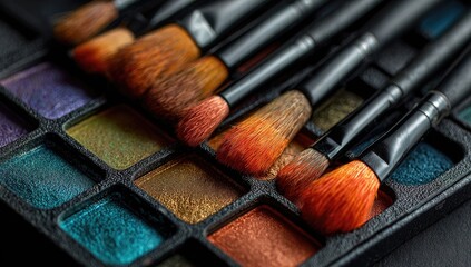 Fototapeta premium Makeup brushes and eyeshadow palette close-up