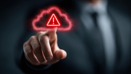 Close-up of a hand pointing at a red cloud with an exclamation mark, signifying a cloud security issue