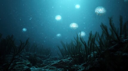 Fototapeta premium Stunning Deep Sea Environment with Plankton and Jellyfish in High Fidelity 6x Visuals