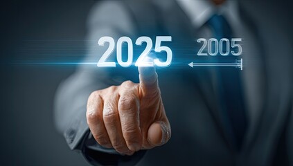 Businessman selecting 2025, highlighting the passage of time from 2005