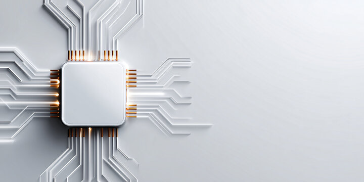 A modern and sleek computer chip on a circuit board, highlighting technology and innovation