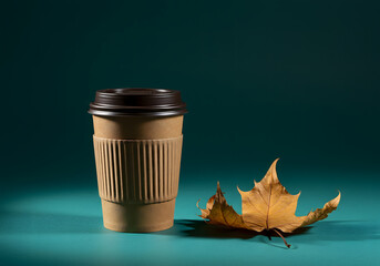 Paper Coffee Cup with Autumn Leaf — Takeaway Beverage, Copy Space