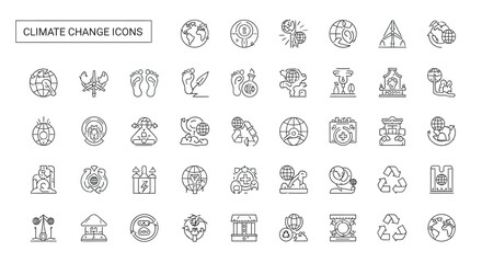 Collection of climate change symbols depicting environmental issues and solutions, emphasizing sustainability and global warming awareness.