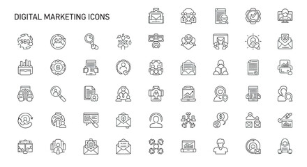 Digital marketing elements arranged on white surface showcasing various online business strategies and tools in a clean and modern style.