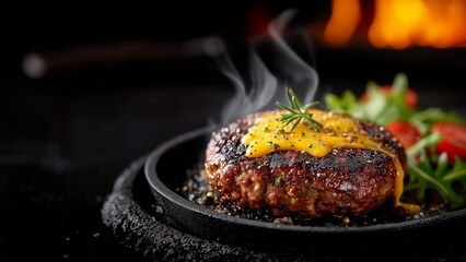 Steaming Hot Hamburger Steak with Cheese Sauce and Vegetables. A gourmet and appetizing shot of a thick beef patty, expertly styled for a restaurant menu or a food advertisement.