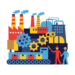 Fototapeta premium Industrial Factory Plant with Gears and Workers Flat Vector Illustration Featuring Blue Red and Yellow Tones