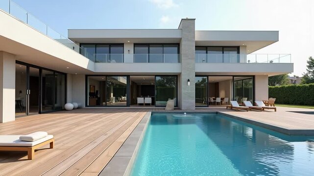 Experience luxury living in this stunning contemporary house with pool and deck, visualized in captivating 4K video footage for real estate.
