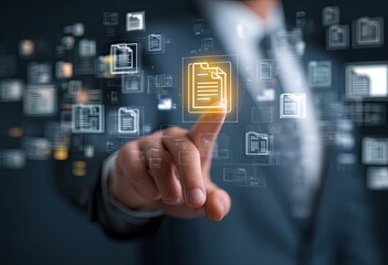 Businessperson's finger touches a glowing document icon over a network of document symbols