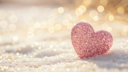 Fototapeta premium Sparkling pink heart decoration resting on soft white snow with a blurred golden bokeh background