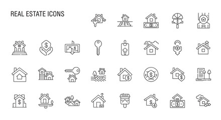 Detailed line art shows real estate symbols representing property investment, home buying, and mortgage services in a modern, minimalist style.