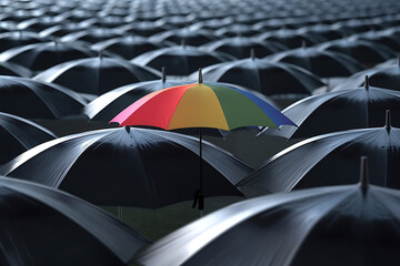 Rainbow Colored Umbrella Standing Out Among Black Umbrellas &ndash; Concept of Uniqueness, Diversity, and Being Different
