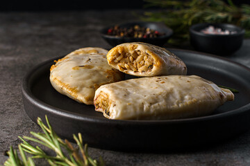 frozen squid stuffed with rice on a dark background