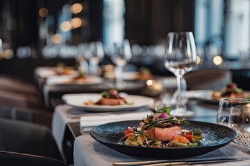 Gourmet plated salmon dish in restaurant