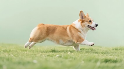 A Corgi is running happily on the grass, showing liveliness and cuteness to the full.
