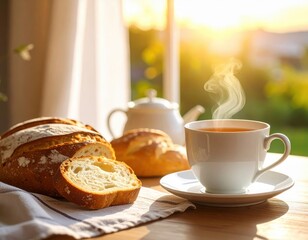 a cup of warm tea and bread on a table. with the soft light of the morning sun.