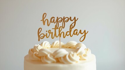 Elegant birthday cake with white frosting, golden sprinkles, and a glittery “Happy Birthday” topper, perfect for festive celebrations and parties. AI generated.
