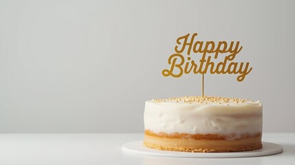 Elegant birthday cake with white frosting, golden sprinkles, and a glittery “Happy Birthday” topper, perfect for festive celebrations and parties. AI generated.
