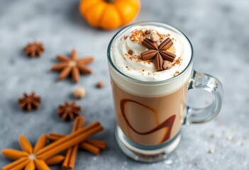 Creamy mocha with pumpkin spice whipped milk foam and chocolate in a glass, autumn vibes, foodie