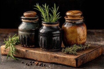 Rustic ceramic spice jars on a wooden board