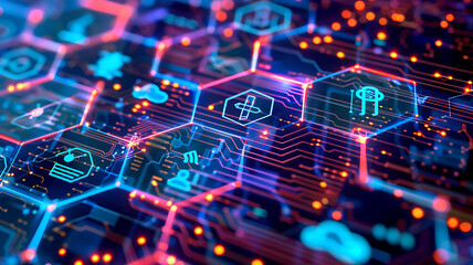Abstract Technological Network: Modern System Connectivity Displayed with Vibrant Colors and Hexagonal Grid Structure for Digital Innovation.