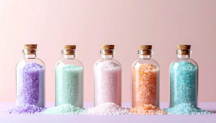 Bath salts bottles against neutral pastel background. Spa and wellness product mock-up for skincare