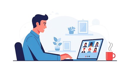 A person participates in a virtual meeting on a laptop, surrounded by home office details.