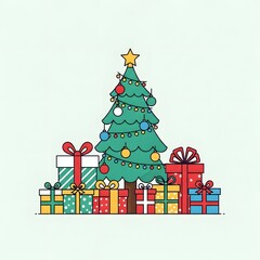 Fototapeta premium A festive Christmas tree adorned with colorful ornaments and lights, surrounded by a pile of beautifully wrapped presents, set against a light background.