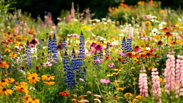 Beautiful Blooming Wildflower Meadow with Lupine and Rudbeckia Flowers in Spring Time