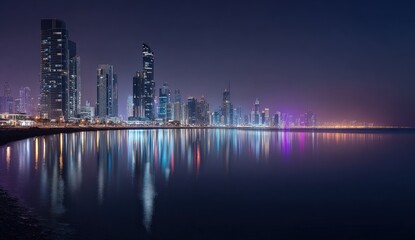 Fototapeta premium City skyline at night reflected in calm water (1)