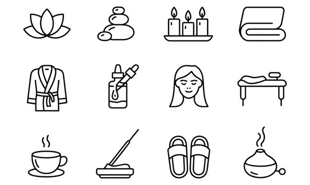 WebDiscover your inner peace with spa icons, perfect for a calming retreat or wellness promotion, featuring essential oils, hot stones, scented candles, and a comfy robe