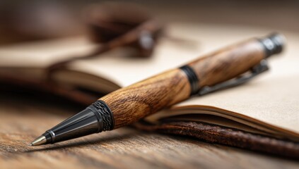 Fototapeta premium Close-up of wooden pen on leather notebook