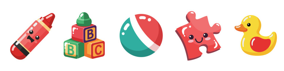 The For Kids icon set 08 features 5 cute and playful illustrations: Toy Duck, Crayon, Building Blocks, Puzzle Piece, and Ball. These jelly candy vector icons are perfect for early childhood materials