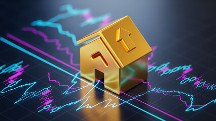 Fototapeta premium Golden house symbol rises above financial market charts