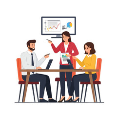 Fototapeta premium Three Business Professionals in Discussion Presenting Data Charts at Office Conference Table Red and Yellow Colors