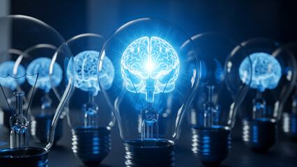Glowing brains inside lightbulbs representing innovation and ideas