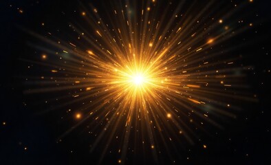 Obraz premium A dazzling golden light explosion radiates outwards from a central point, casting brilliant rays and sparkling particles across a dark, expansive background.