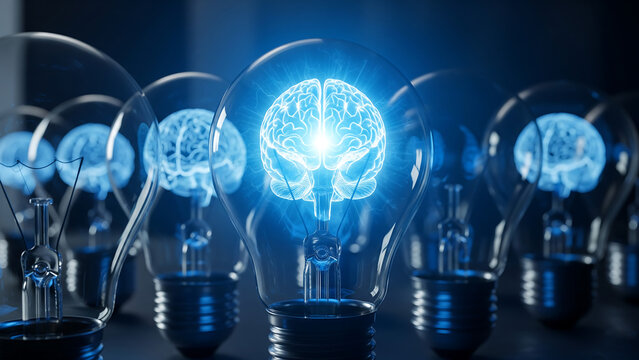 Glowing brains inside lightbulbs representing innovation and ideas - Powered by Adobe