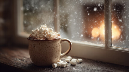 Winter cozy hot chocolate with marshmallows by frosty window warm drink comfort beverage holiday season snow cold weather and Christmas vibes