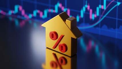 Golden arrow with percentage sign points upward against stock chart