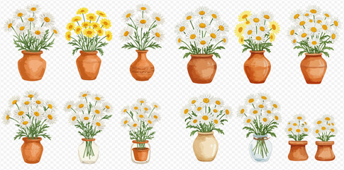 A collection of watercolor illustrations of white and yellow daisy bouquets in various rustic clay pots and glass vases on a transparent background.