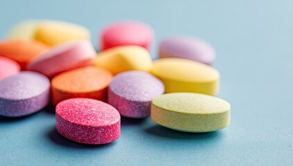 Colorful pills in soft focus, various hues, light background
