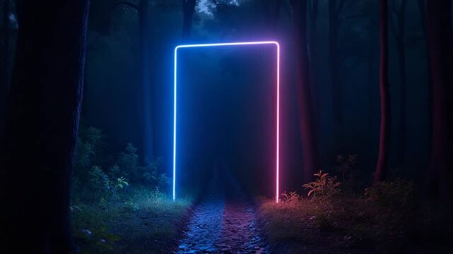 Neon glowing rectangle frame in the night forest