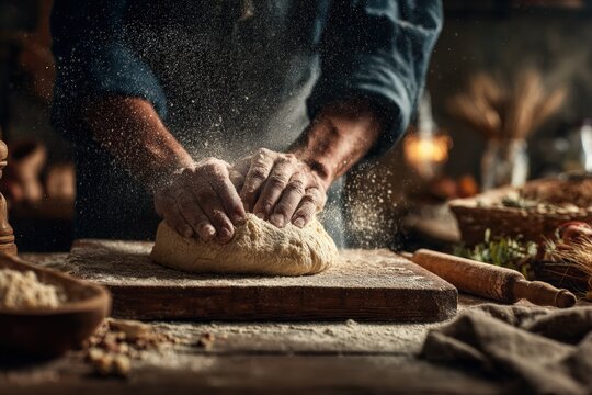 Kneading dough in a rustic setting
