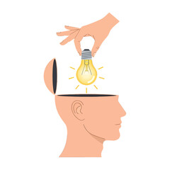 Conceptual Idea Light Bulb Placed in Open Head Symbolizing Brainstorming Innovation and Creative Thinking on White Background